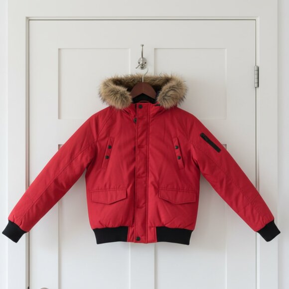 Soul Star Red Puffer Bomber Jacket Faux Fur Men L - Picture 1 of 4